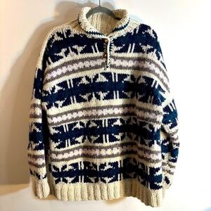 ALMA Sz XL Vintage Knit Sweater with Button High Collar 100% Wool Made in Peru
